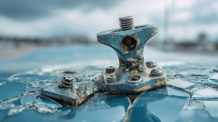 A close-up view of a rusty metal fastener resting on a vibrant blue surface, showcasing intricate details of corrosion and wear. The image captures the beauty of decay and texture against an abstract background.の素材