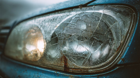 A detailed close-up of a cracked headlight on an old blue car, showcasing signs of aging, wear, and environmental impact, perfect for automotive themes.の素材
