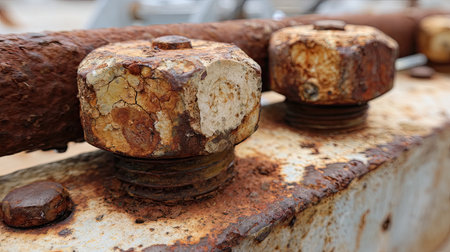 Close-up image of rusty bolts and nuts showing detailed corrosion and weathering effects on an old industrial surface, presenting a unique texture.の素材