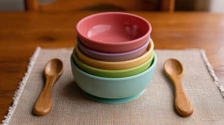 A vibrant stack of colorful bowls sits on a wooden dining table, complemented by natural fiber mats and wooden spoons. Ideal for dining and aesthetic use.の素材