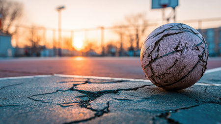 A worn basketball rests on a cracked court, illuminated by the warm hues of a sunset, highlighting the essence of urban sports culture and leisure.の素材
