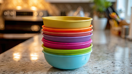 A beautifully arranged stack of colorful bowls sits on a kitchen countertop, showcasing vibrant shades and modern aesthetics, perfect for any meal preparation.の素材