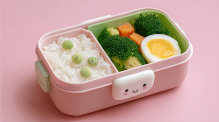 This delightful bento box features a colorful arrangement of rice, broccoli, carrots, a soft-boiled egg, and green peas. Perfect for healthy meal prep.の素材