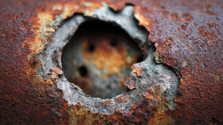 This close-up image captures the intricate details of a rusted metal surface, featuring a prominent exposed hole surrounded by corroded edges, showcasing a beautiful decay.の素材