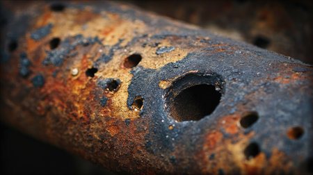 This close-up photograph showcases a rusty metal pipe with visible corrosion and holes, emphasizing the details of aging and weathering in an industrial context.の素材