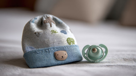 A charming baby hat with playful designs rests beside a soothing pacifier on a cozy bed. The gentle lighting enhances the tranquil atmosphere.の素材