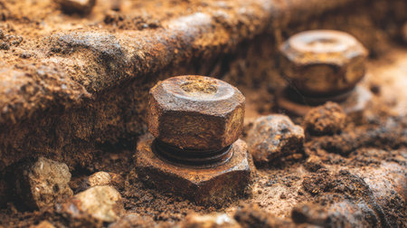 Close-up view of rusty metal bolts surrounded by dirt and small stones, showcasing unique textures and elements of age in an industrial setting.の素材