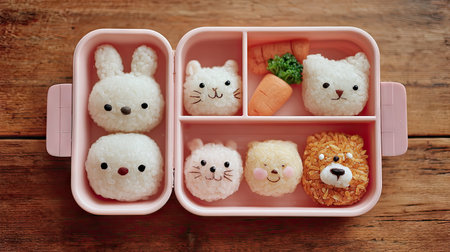 An enchanting bento box displays adorable animal-shaped rice balls alongside vibrant vegetables, ideal for fun lunches or special occasions.の素材
