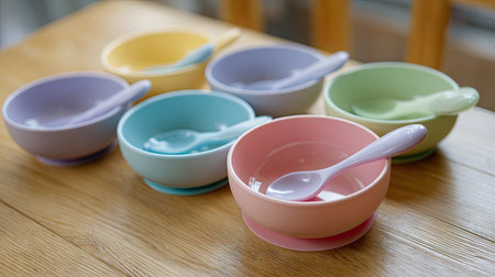 A vibrant collection of six plastic bowls in pastel colors, each paired with a matching spoon, perfect for meals or snacks in a playful kitchen setting.の素材