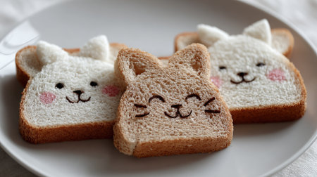 Charming and playful toast featuring adorable bunny and cat faces, perfect for kids and family meals. A wonderful addition to any breakfast or snack time.の素材