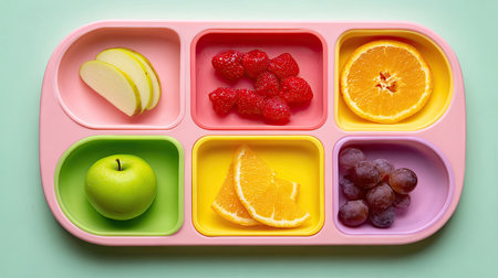 A vibrant and colorful fruit tray showcasing fresh apple slices, juicy orange segments, sweet grapes, and ripe raspberries, perfect for healthy snacking.の素材