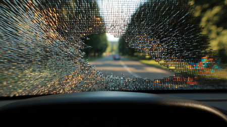 Close-up shot of a shattered windshield from the inside of a vehicle, showcasing a blurred road lined with trees and soft light, evoking a sense of travel and caution.の素材