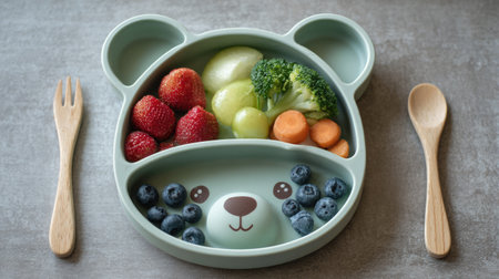 This delightful bear-shaped plate is filled with fresh fruits and vegetables, making mealtime fun and engaging for children while promoting healthy eating habits.の素材