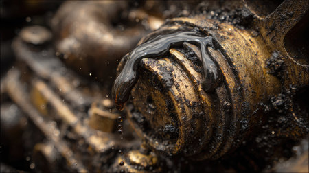 A detailed close-up image showcasing oil stains on machinery, highlighting the texture of grime and dripping liquid in an industrial setting.の素材