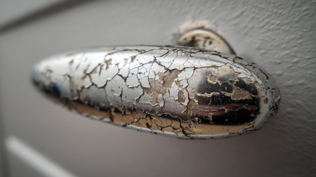 This close-up image showcases an old, worn door handle with a cracked silver finish, highlighting the beauty of decay and age in home interiors.の素材