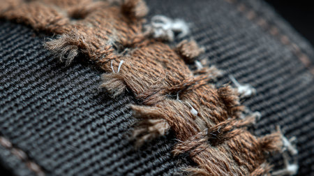 This macro image showcases the intricate details of fabric with textured stitching and loose threads, ideal for textile and fashion design inspiration.の素材