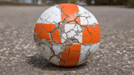 A weathered orange and white ball rests on a rough surface, showcasing cracks and signs of wear. The blurred background adds depth, suggesting an outdoor playground.の素材