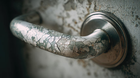 This close-up image captures the intricate textures of a weathered metal door handle with cracked paint, showcasing its rich history and character.の素材