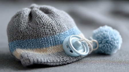 A charming knitted baby hat in soft gray and blue accents, paired with an adorable pacifier, perfect for showcasing infant fashion and comfort.の素材
