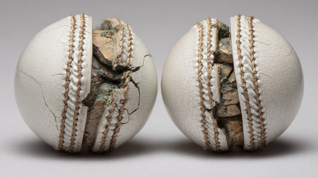 Close-up view of two cracked cricket balls, showcasing intricate details of wear and damage on the surface. Ideal for understanding equipment quality.の素材