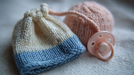 Soft and cozy hand-knitted baby hats in gentle colors with a pacifier on a light background, perfect for newborn fashion and adorable photos.の素材