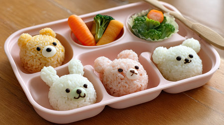 This delightful bento box features bear-shaped rice balls in soft colors, accompanied by fresh vegetables like broccoli and carrots, ideal for kids.の素材