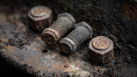 This close-up image captures rusty bolts and nuts resting on a weathered metal surface, showcasing intricate details and textures perfect for industrial themes.の素材