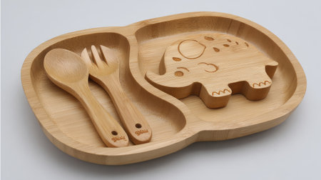 Adorable bamboo divided plate featuring a cute elephant shape, accompanied by matching wooden spoon and fork, ideal for mealtime fun for kids.の素材