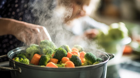 A close-up view of freshly steamed broccoli and carrots in a pot, showcasing the vibrant colors and steam rising in a warm kitchen setting. This image reflects the joy of healthy cooking and meal preparation.の素材