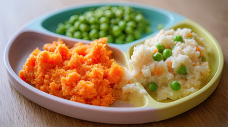 This image showcases a beautifully arranged plate of colorful baby food, featuring mashed carrots, green peas, and mashed potatoes. Perfect for encouraging healthy eating habits in toddlers.の素材