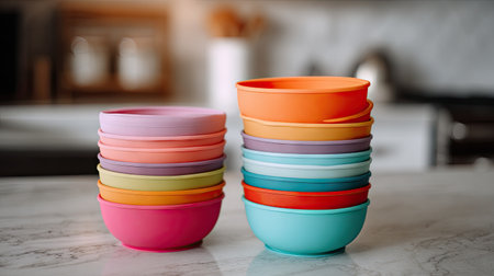 A vibrant stack of plastic bowls in assorted colors rests on a marble countertop, adding a cheerful touch to any modern kitchen environment. Perfect for organizing and serving.の素材