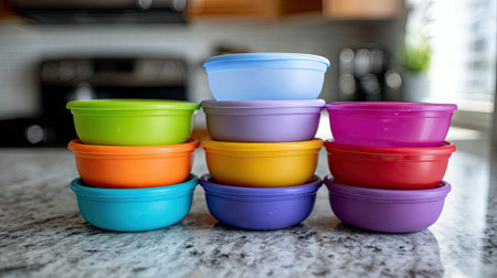 This image showcases a vibrant stack of plastic food storage containers in a kitchen setting, emphasizing color and organization for meal preparation and storage.の素材