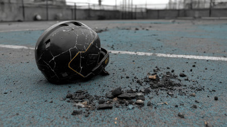 A close-up view of a cracked safety helmet resting on a concrete surface scattered with debris, conveying themes of impact, safety, and urban wear.の素材