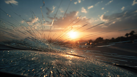 A captivating view of water splashing against a car windshield as the sun sets, creating a beautiful scene of natural beauty and tranquility.の素材