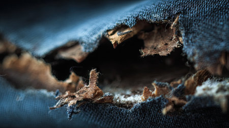 This close-up image captures the torn edge of fabric, showcasing intricate details of frayed fibers and layers beneath. Ideal for discussions on damage, repair, and textile quality.の素材