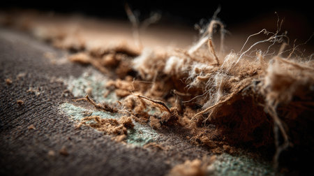 This close-up image captures intricate details of fibers and dust particles on a fabric surface, showcasing the beauty of aged textiles and texture.の素材