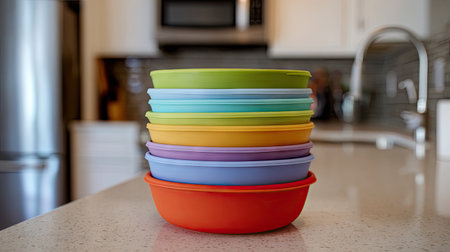 A vibrant stack of plastic bowls in assorted colors sits on a clean kitchen countertop, ideal for organizing food and brightening up meal prep.の素材