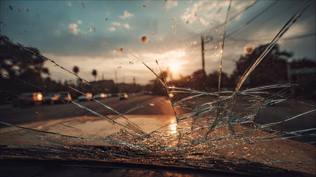 A detailed view of a broken windshield captures the striking contrast of sunset colors against an urban backdrop, creating a dramatic yet serene atmosphere.の素材