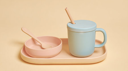 A delightful pastel tableware set featuring a bowl, cup, and spoon arranged elegantly on a tray. Perfect for modern dining and lifestyle photography.の素材