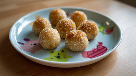 Mouthwatering crispy sesame balls placed on a vibrant cartoon-themed plate, perfect for adding a touch of fun to any food photography project.の素材