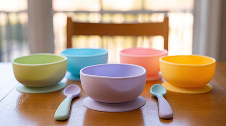 A vibrant set of plastic bowls and spoons lays on a wooden table, creating a playful and inviting atmosphere perfect for childrenの素材