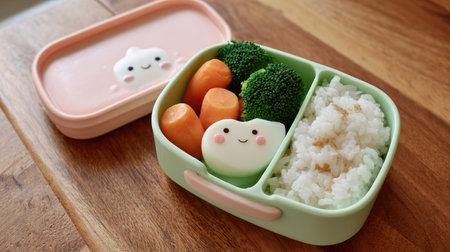A delightful bento box filled with smiling food characters, including vibrant broccoli, sweet carrots, and fluffy rice, brings joy to healthy eating.の素材