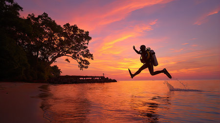 A diver joyfully leaps into the serene ocean waters during a vibrant sunset, creating a moment of pure adventure in a tropical paradise setting.の素材