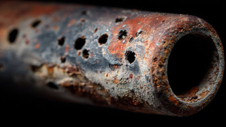 This close-up image captures the intricate details of a rusty metal pipe exhibiting corrosion and pitting, set against a dark background.の素材