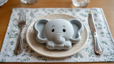 A charming elephant-shaped plate designed for children dining experiences, set on a floral tablecloth with utensils for a delightful meal.の素材