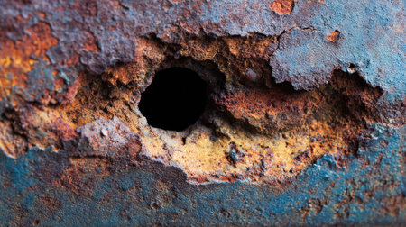 This image showcases a dramatic hole in a rusty surface, revealing rich colors and textures. The interplay between rust and decay creates a striking visual effect.の素材