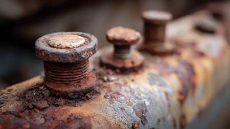 A striking close-up of rusty bolts on a weathered metal surface, showcasing intricate textures and detailed corrosion, ideal for industrial themes.の素材