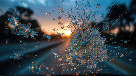 A striking image of a cracked windshield reflecting vibrant sunset colors, showcasing unique glass patterns against a blurred road scene.の素材