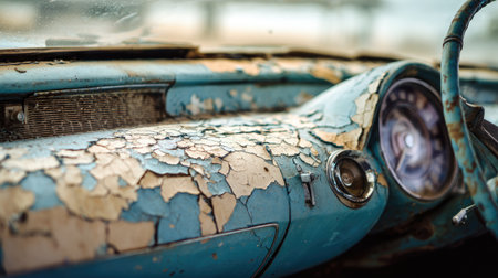 This captivating image showcases a vintage car interior, highlighting the cracked paint and weathered details in a striking blue color. Perfect for nostalgic themes.の素材