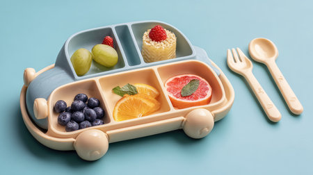 A vibrant car-shaped plate holds a delightful assortment of fruits and tasty treats, perfect for making healthy eating fun for kids.の素材